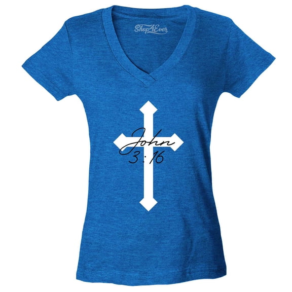 Shop4Ever Women's John 3:16 Bible Verse Script Cross Slim Fit V-Neck T-Shirt Small Heather Royal Blue
