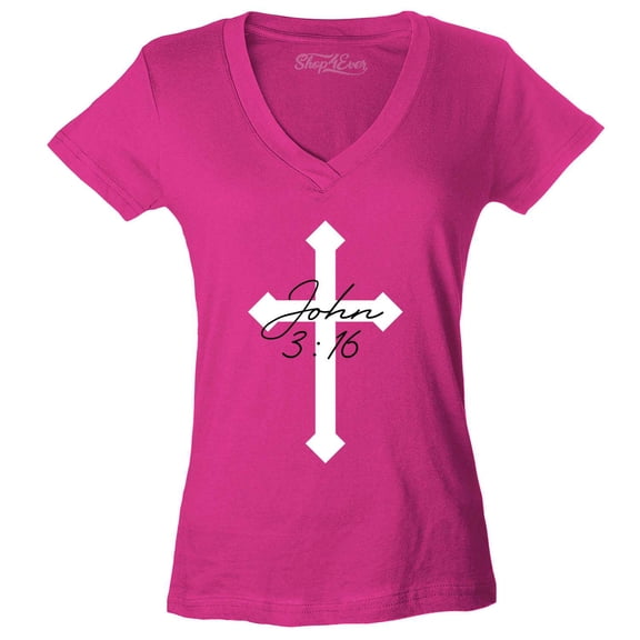 Shop4Ever Women's John 3:16 Bible Verse Script Cross Slim Fit V-Neck T-Shirt X-Small Pink
