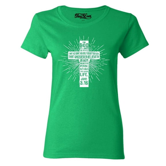 Shop4Ever Women's John 3:16 Cross Graphic T-Shirt Medium Irish Green