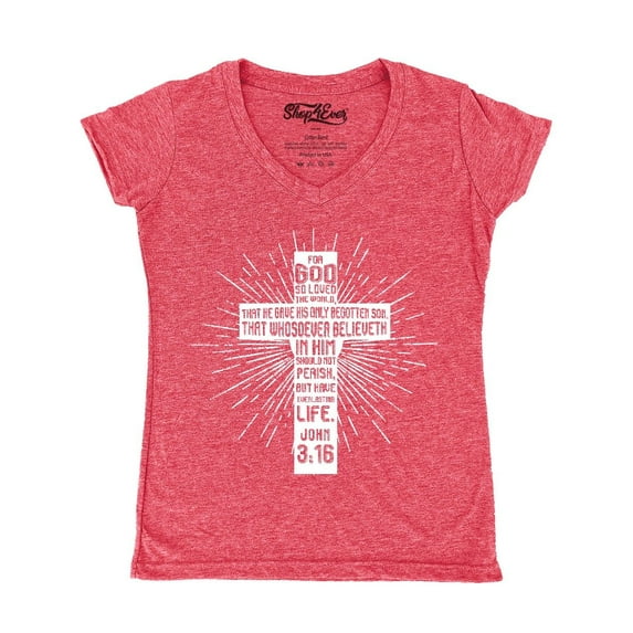 Shop4Ever Women's John 3:16 Cross Slim Fit V-Neck T-Shirt Large Heather Red