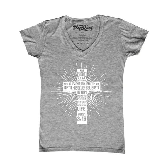 Shop4Ever Women's John 3:16 Cross Slim Fit V-Neck T-Shirt XX-Large Sports Grey