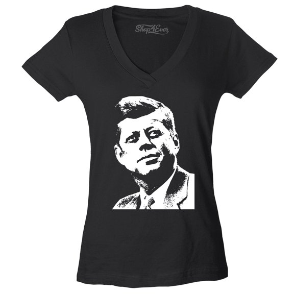 Shop4Ever Women's John F. Kennedy JFK 1960's President American Icon Slim Fit V-Neck T-Shirt Small Black