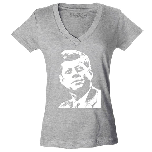 Shop4Ever Women's John F. Kennedy JFK 1960's President American Icon Slim Fit V-Neck T-Shirt Small Sports Grey