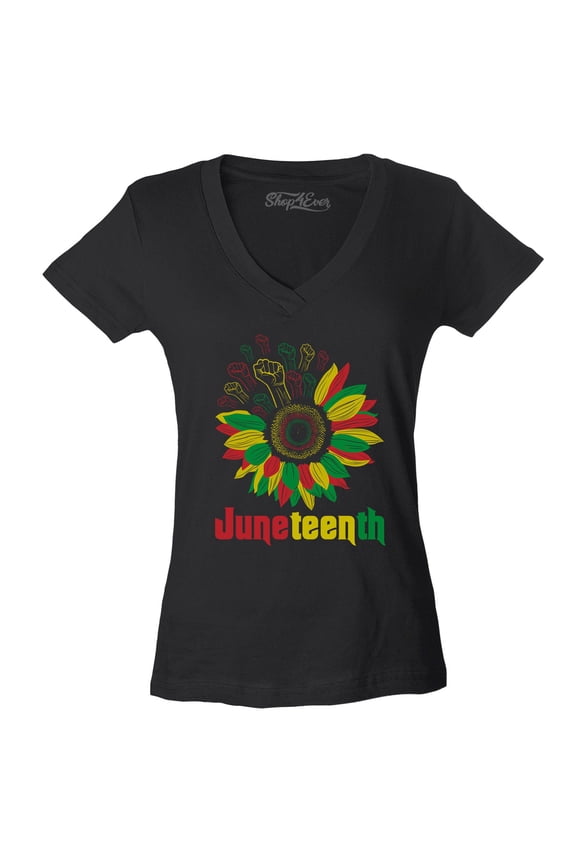 Women's Juneteenth Black Fist Flower Power June 19th 1865 Slim Fit V-Neck T-Shirt Small Black