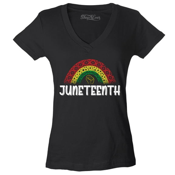 Shop4Ever Women's Juneteenth Rainbow June 19th 1865 Slim Fit V-Neck T-Shirt X-Small Black