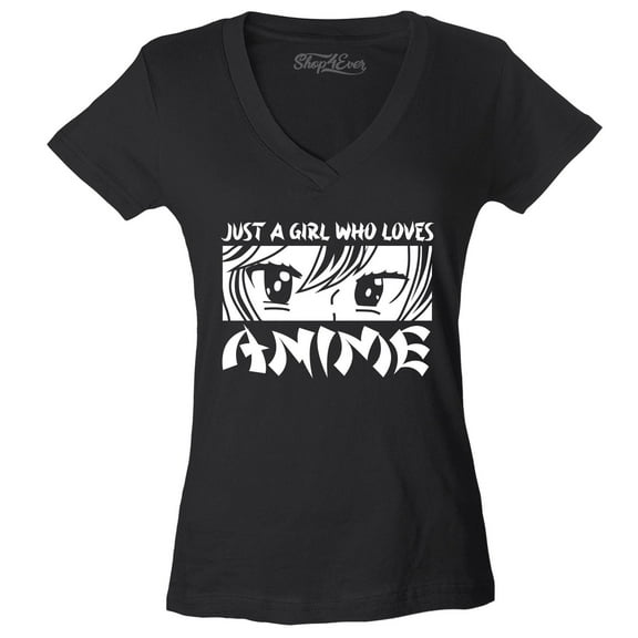 Shop4Ever Women's Just A Girl Who Loves Anime Slim Fit V-Neck T-Shirt Medium Black