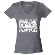 Shop4Ever Women's Just A Girl Who Loves Anime Slim Fit V-Neck T-Shirt Small Heather Charcoal