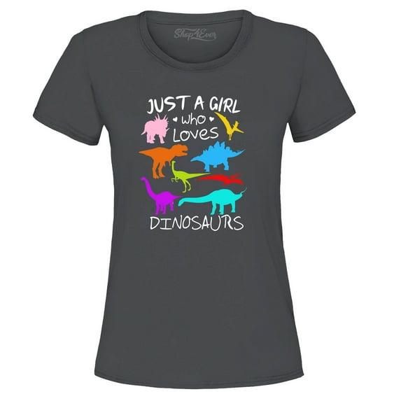 Shop4Ever Women's Just A Girl Who Loves Dinosaurs Dino Graphic T-Shirt Small Charcoal