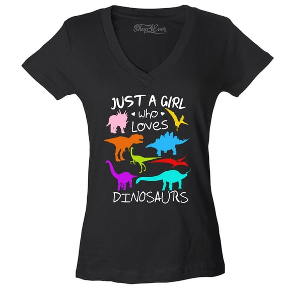 Shop4Ever Women's Just A Girl Who Loves Dinosaurs Dino Slim Fit V-Neck T-Shirt Large Black