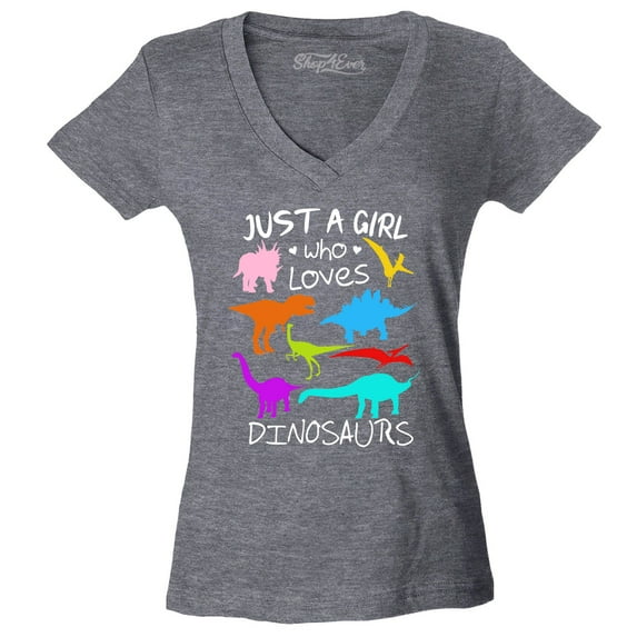 Shop4Ever Women's Just A Girl Who Loves Dinosaurs Dino Slim Fit V-Neck T-Shirt Small Heather Charcoal