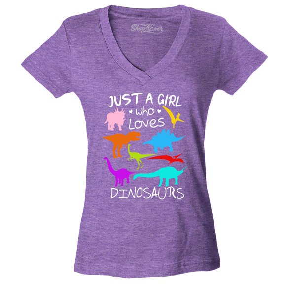 Shop4Ever Women's Just A Girl Who Loves Dinosaurs Dino Slim Fit V-Neck T-Shirt X-Large Heather Purple