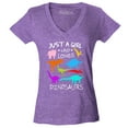 thumbnail image 1 of Shop4Ever Women's Just A Girl Who Loves Dinosaurs Dino Slim Fit V-Neck T-Shirt X-Small Heather Purple, 1 of 5