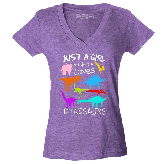 Shop4Ever Women's Just A Girl Who Loves Dinosaurs Dino Slim Fit V-Neck T-Shirt X-Small Heather Purple