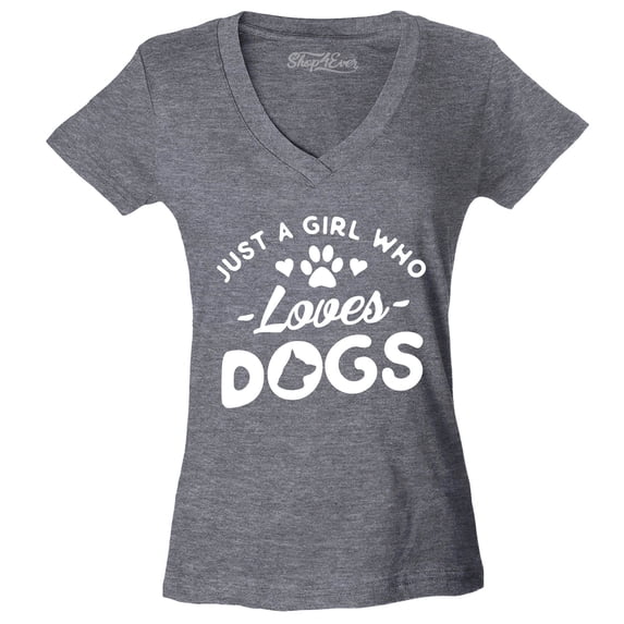 Shop4Ever Women's Just A Girl Who Loves Dogs Slim Fit V-Neck T-Shirt X-Large Heather Charcoal
