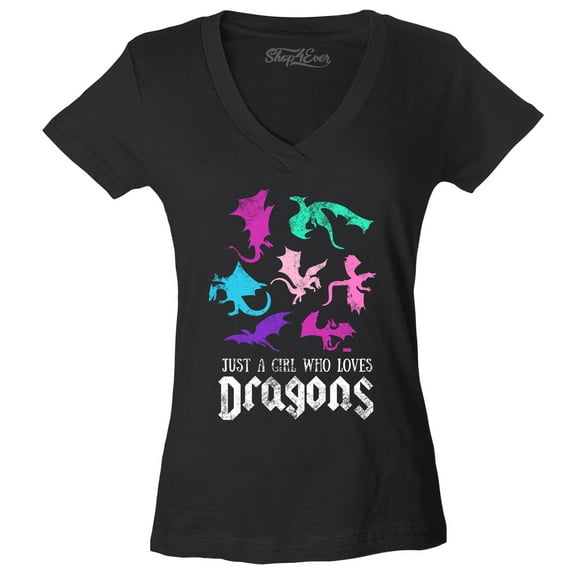 Shop4Ever Women's Just A Girl Who Loves Dragons Slim Fit V-Neck T-Shirt Large Black