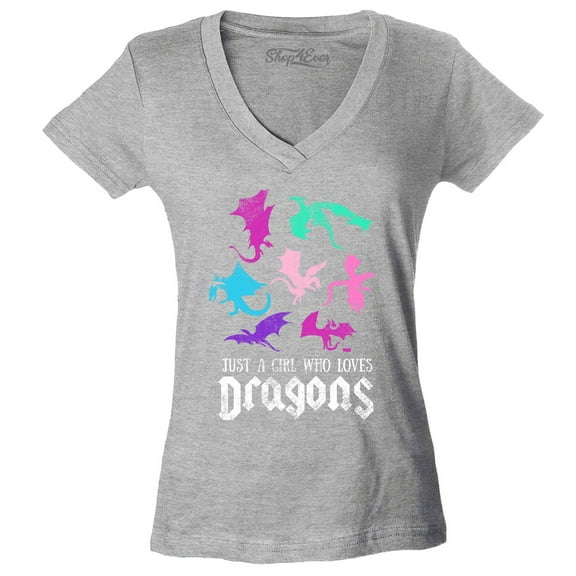 Shop4Ever Women's Just A Girl Who Loves Dragons Slim Fit V-Neck T-Shirt Medium Sports Grey