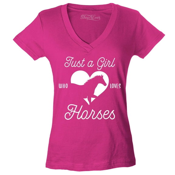 Shop4Ever Women's Just A Girl Who Loves Horses Slim Fit V-Neck T-Shirt Medium Pink