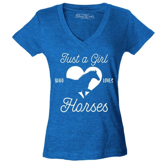 Shop4Ever Women's Just A Girl Who Loves Horses Slim Fit V-Neck T-Shirt Small Heather Royal Blue