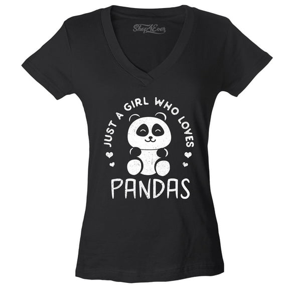 Shop4Ever Women's Just A Girl Who Loves Pandas Panda Bear Slim Fit V-Neck T-Shirt Small Black