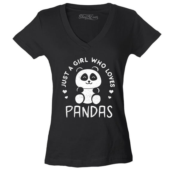 Shop4Ever Women's Just A Girl Who Loves Pandas Panda Bear Slim Fit V-Neck T-Shirt XX-Large Black