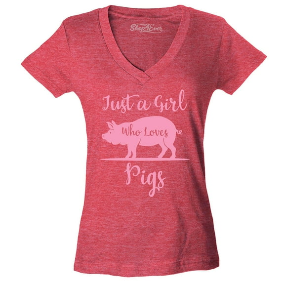 Shop4Ever Women's Just A Girl Who Loves Pigs Slim Fit V-Neck T-Shirt Large Heather Red