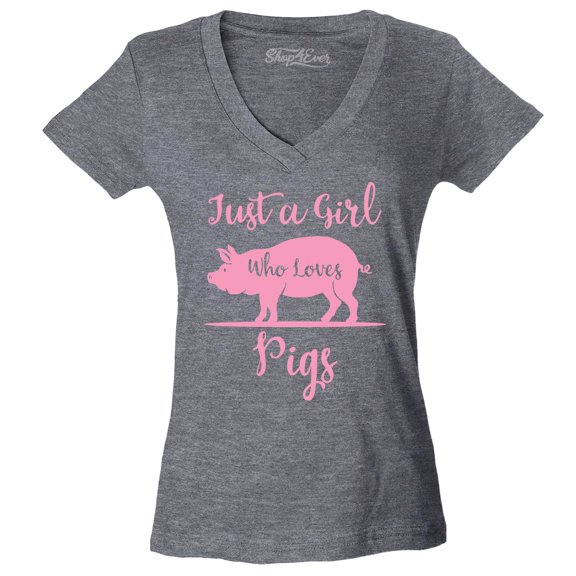 Shop4Ever Women's Just A Girl Who Loves Pigs Slim Fit V-Neck T-Shirt Small Heather Charcoal