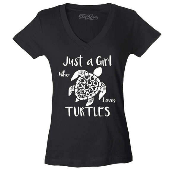 Shop4Ever Women's Just A Girl Who Loves Turtles Slim Fit V-Neck T-Shirt Large Black