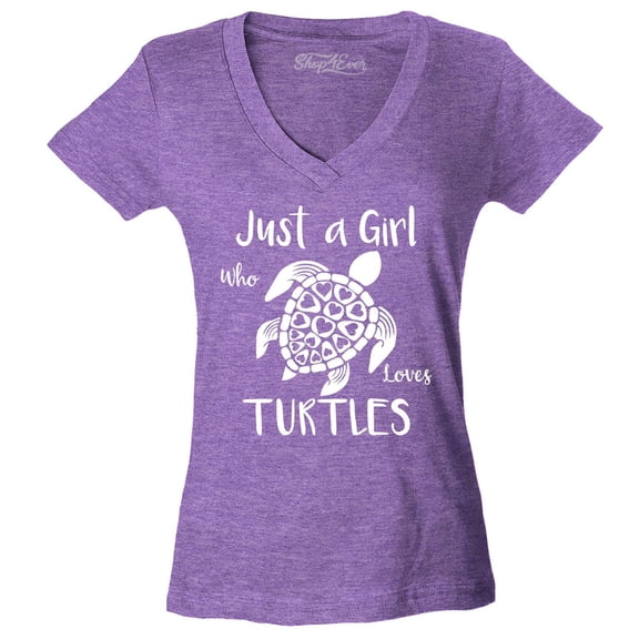 Shop4Ever Women's Just A Girl Who Loves Turtles Slim Fit V-Neck T-Shirt X-Large Heather Purple