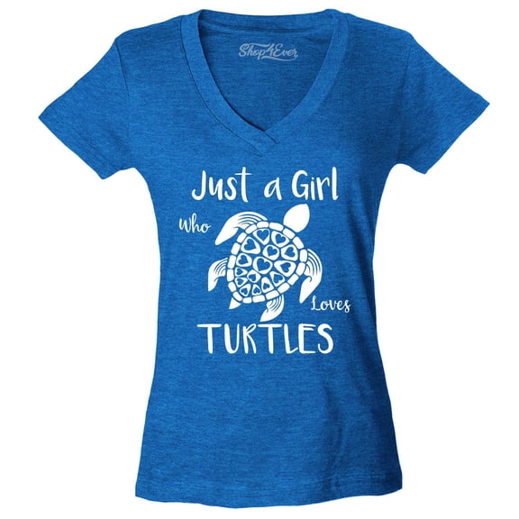 Shop4Ever Women's Just A Girl Who Loves Turtles Slim Fit V-Neck T-Shirt X-Small Heather Royal Blue