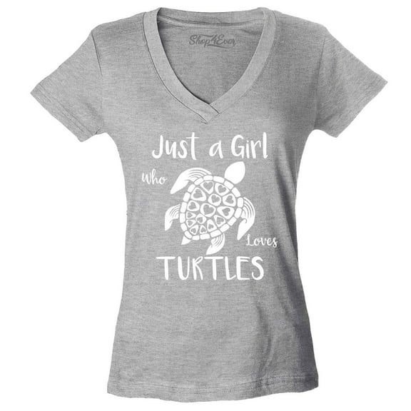 Shop4Ever Women's Just A Girl Who Loves Turtles Slim Fit V-Neck T-Shirt X-Small Sports Grey