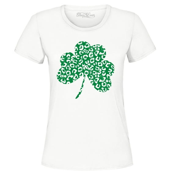 Shop4Ever Women's Leopard Print Shamrock St. Patrick's Day Graphic T-Shirt Medium White