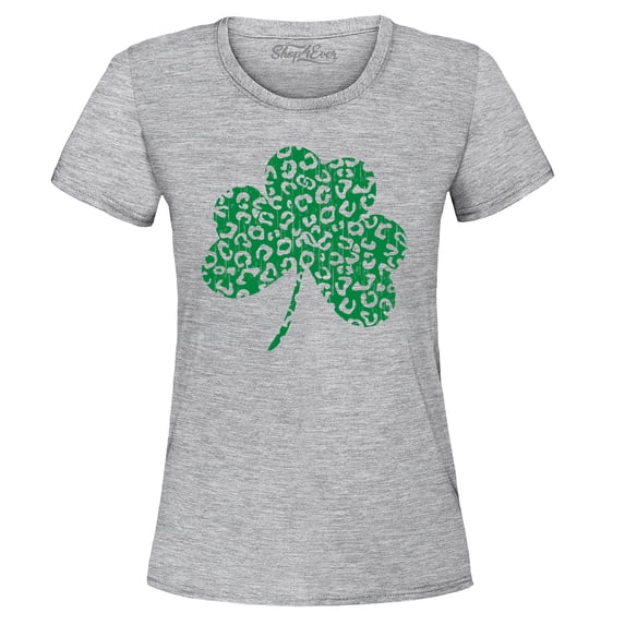 Shop4Ever Women's Leopard Print Shamrock St. Patrick's Day Graphic T-Shirt X-Large Sports Grey