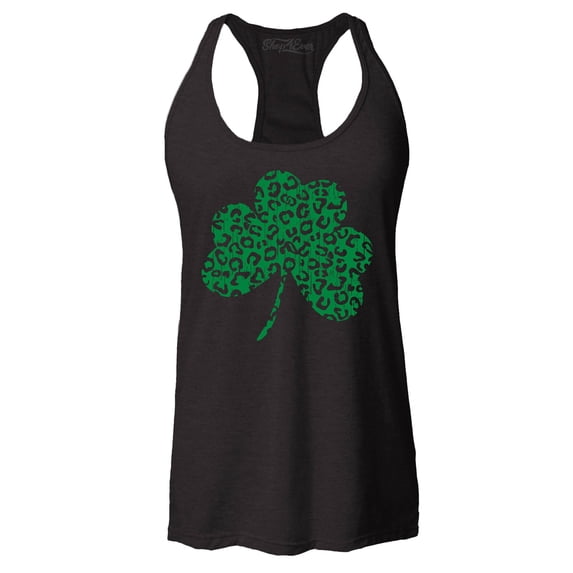 Shop4Ever Women's Leopard Print Shamrock St. Patrick's Day Racerback Tank Top XX-Large Black