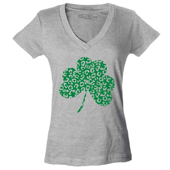 Shop4Ever Women's Leopard Print Shamrock St. Patrick's Day Slim Fit V-Neck T-Shirt Small Sports Grey