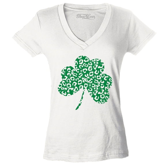 Shop4Ever Women's Leopard Print Shamrock St. Patrick's Day Slim Fit V-Neck T-Shirt X-Small White