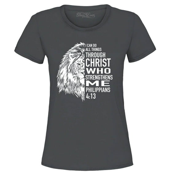 Shop4Ever Women's Lion Verse I Can Do All Things Through Christ Graphic T-Shirt Medium Charcoal