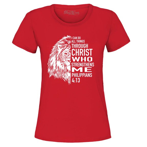 Shop4Ever Women's Lion Verse I Can Do All Things Through Christ Graphic T-Shirt Small Red