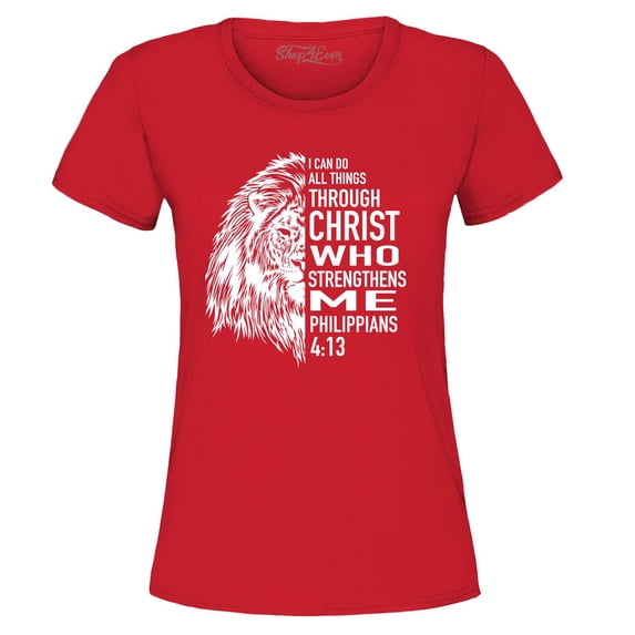 Shop4Ever Women's Lion Verse I Can Do All Things Through Christ Graphic T-Shirt XX-Large Red