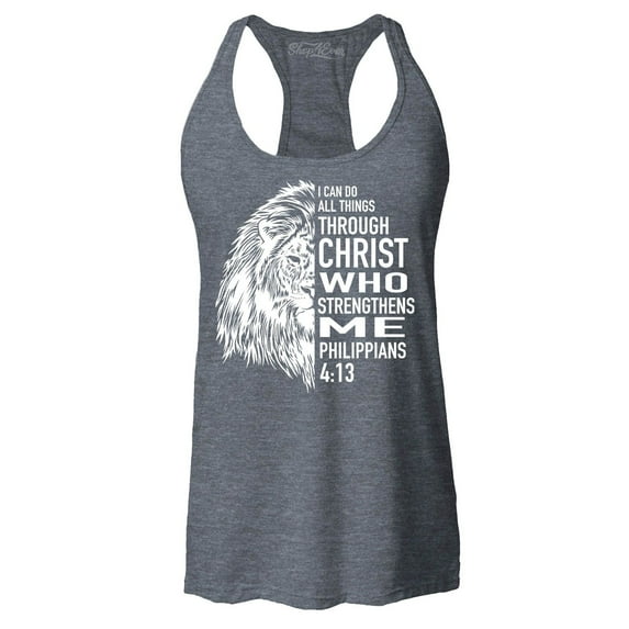 Shop4Ever Women's Lion Verse I Can Do All Things Through Christ Racerback Tank Top Small Charcoal
