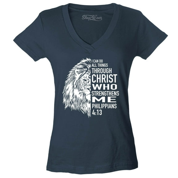 Shop4Ever Women's Lion Verse I Can Do All Things Through Christ Slim Fit V-Neck T-Shirt X-Small Charcoal