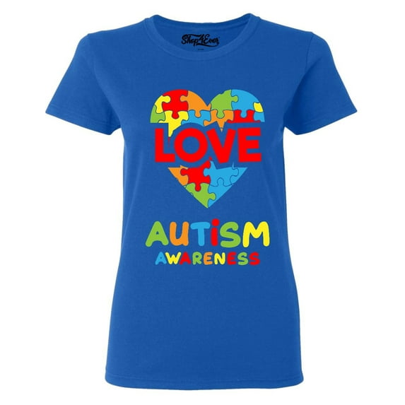 Shop4Ever Women's Love Puzzle Heart Autism Awareness Graphic T-Shirt Large Royal Blue