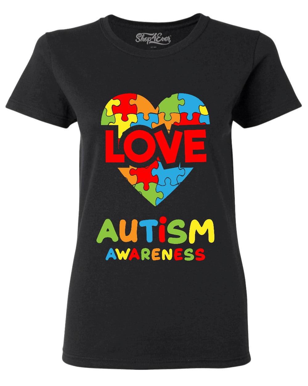 Shop4Ever Women's Love Puzzle Heart Autism Awareness Graphic T-Shirt X-Large Black