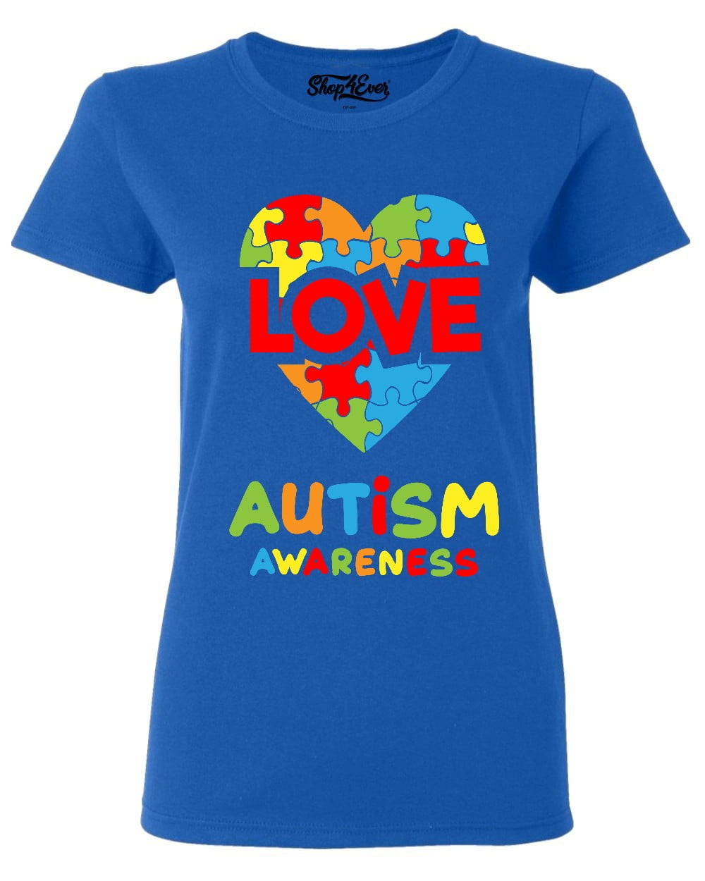 Shop4Ever Women's Love Puzzle Heart Autism Awareness Graphic T-Shirt XX-Large Royal Blue