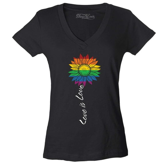Shop4Ever Women's Love is Love Rainbow Flower Gay LGBTQ Pride Slim Fit V-Neck T-Shirt Small Black