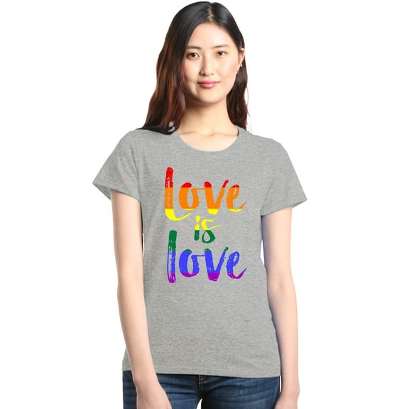 Shop4Ever Women's Love is Love Rainbow Gay Pride Graphic T-Shirt Large Sports Grey