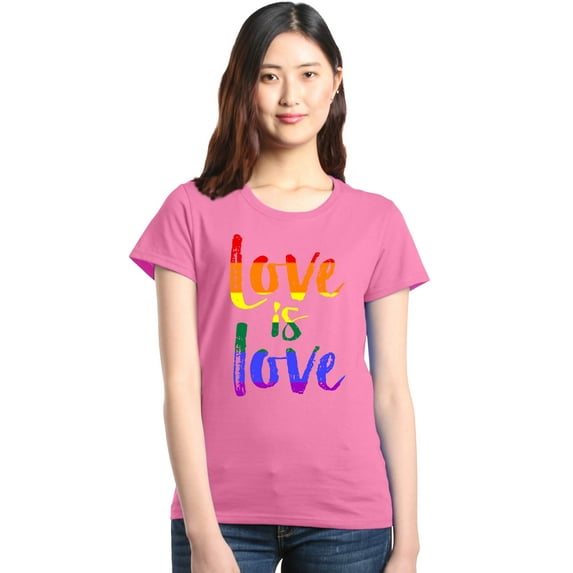 Shop4Ever Women's Love is Love Rainbow Gay Pride Graphic T-Shirt Medium Azalea Pink