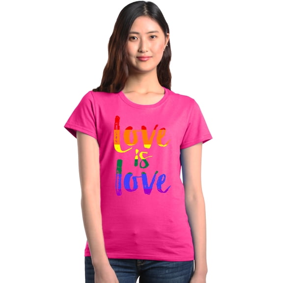 Shop4Ever Women's Love is Love Rainbow Gay Pride Graphic T-Shirt Small Heliconia Pink