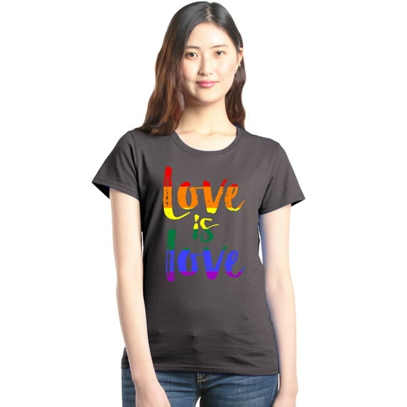 Shop4Ever Women's Love is Love Rainbow Gay Pride Graphic T-Shirt X-Large Charcoal