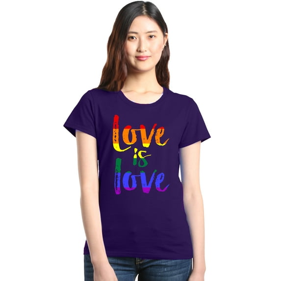 Shop4Ever Women's Love is Love Rainbow Gay Pride Graphic T-Shirt XXX-Large Purple