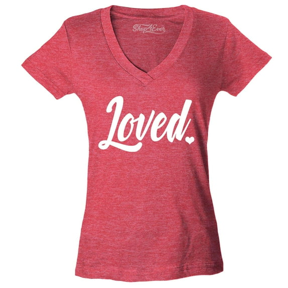 Shop4Ever Women's Loved Heart Valentine's Day Slim Fit V-Neck T-Shirt Small Heather Red